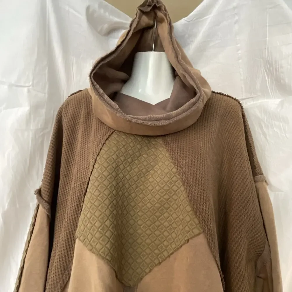 POL Boho Sweater Oversized Women’s Large Brown Raw Hem Bohemian Hood Cowl NEW - Picture 11 of 14